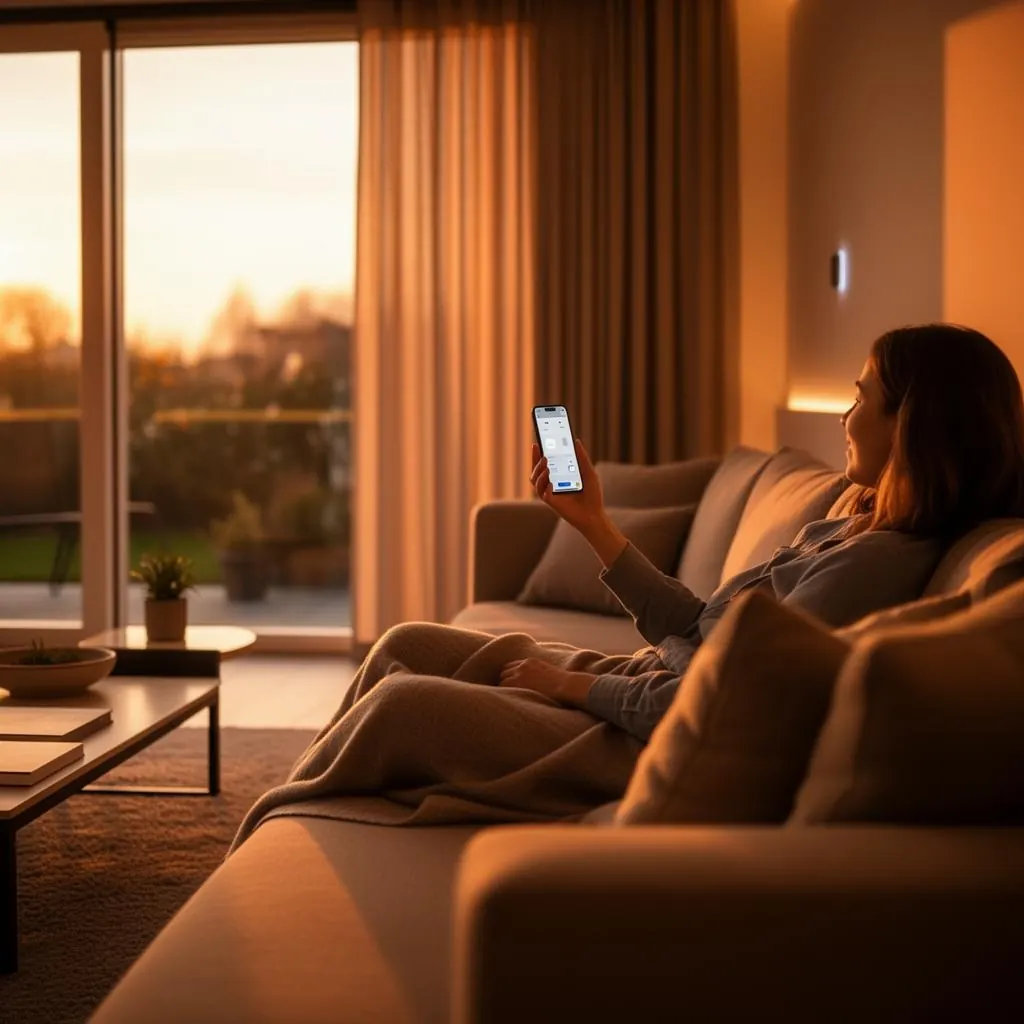 Modern woonkamerinterieur met sfeervolle slimme verlichting en home-automatisering